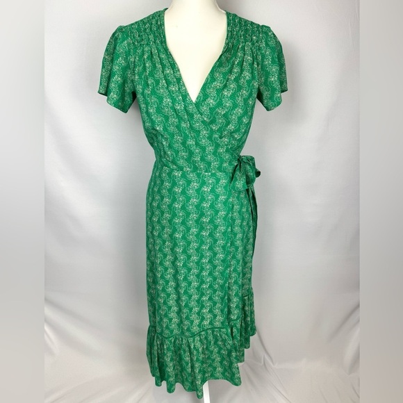 St. Roche Wrap Dress Short Sleeves Cotton Embroidery Green Floral Size XS Summer - Picture 2 of 16